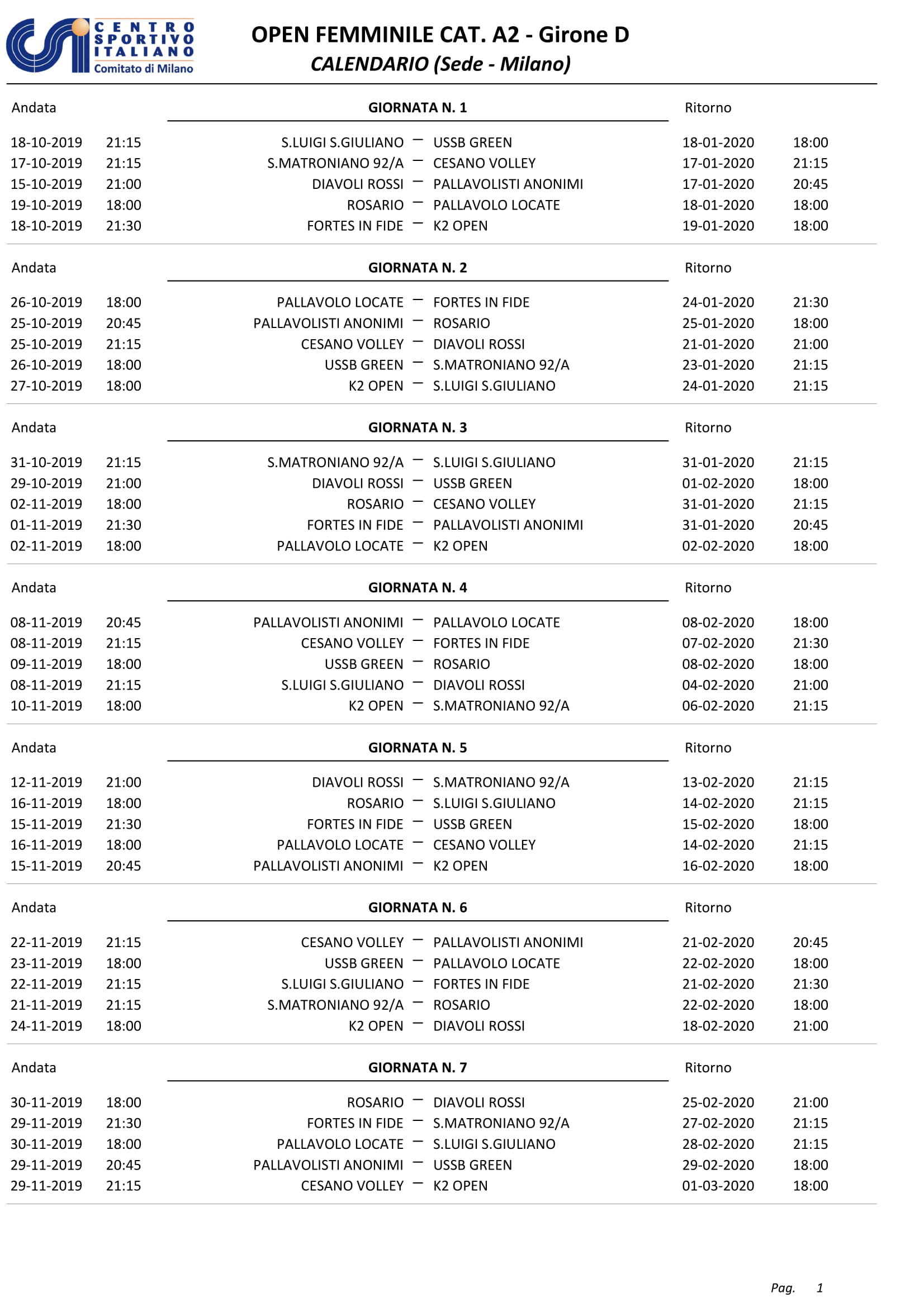 Calendario partite Allieve
